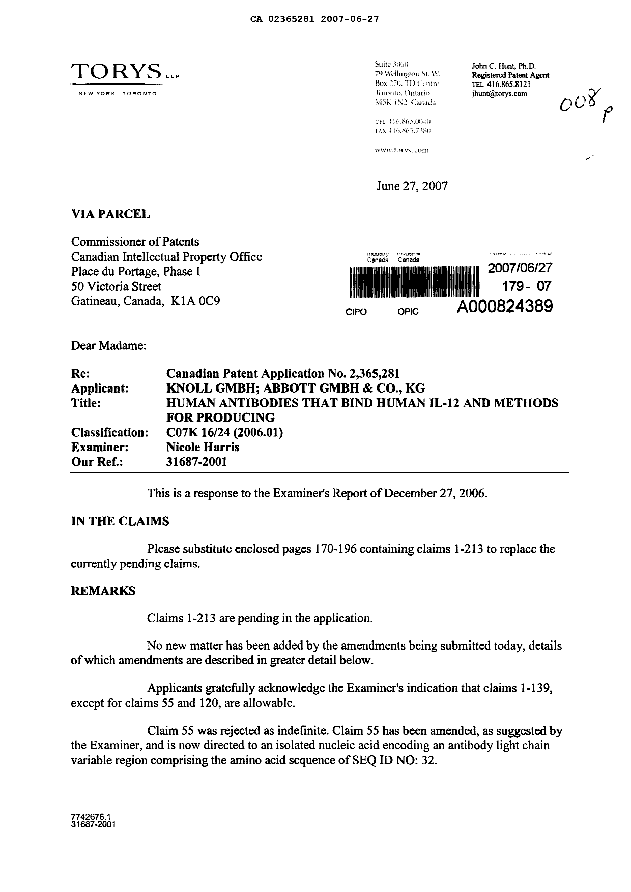 Document de brevet canadien 2365281. Poursuite-Amendment 20061227. Image 1 de 29