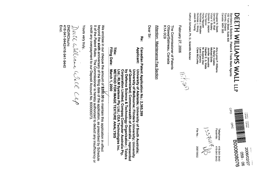 Document de brevet canadien 2365399. Taxes 20060227. Image 1 de 1