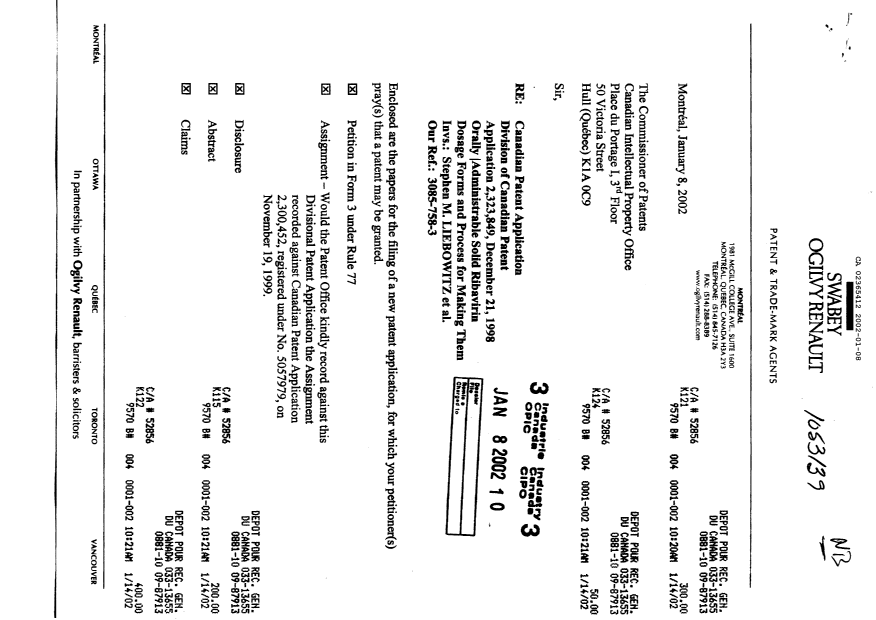 Document de brevet canadien 2365412. Cession 20020108. Image 1 de 4
