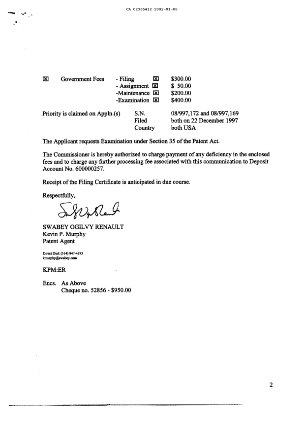 Document de brevet canadien 2365412. Cession 20020108. Image 2 de 4