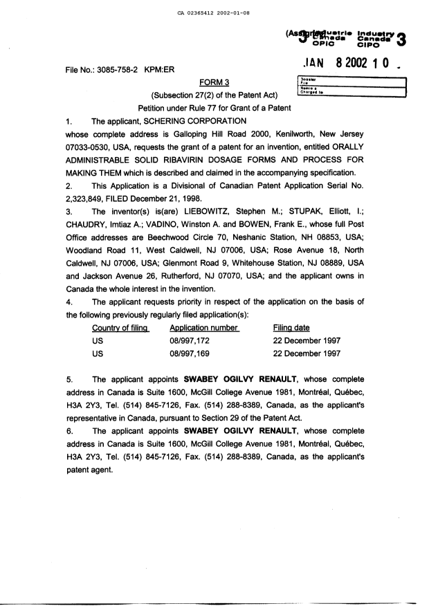 Document de brevet canadien 2365412. Cession 20020108. Image 4 de 4