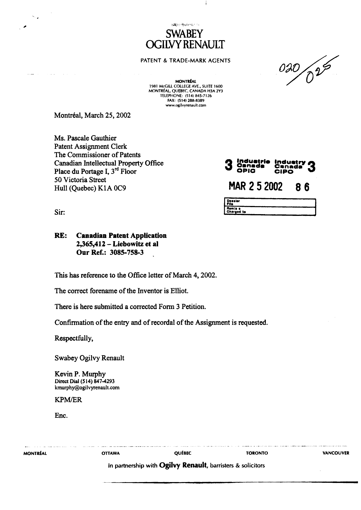 Document de brevet canadien 2365412. Cession 20020325. Image 1 de 1