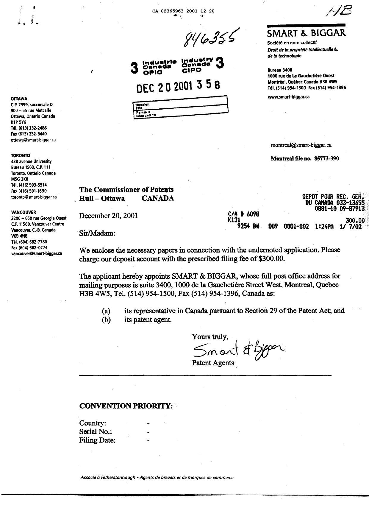 Document de brevet canadien 2365963. Cession 20011220. Image 1 de 3