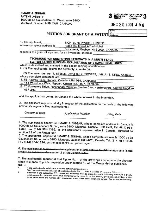 Document de brevet canadien 2365963. Cession 20011220. Image 3 de 3