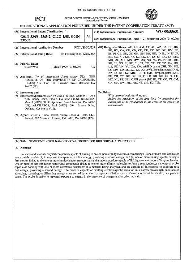 Document de brevet canadien 2366303. Abrégé 20010831. Image 1 de 1