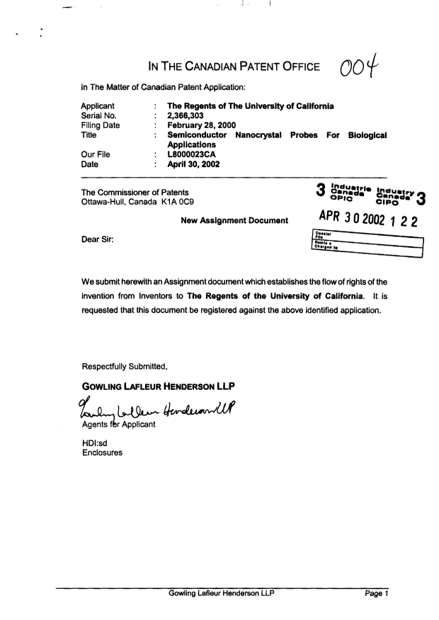 Document de brevet canadien 2366303. Cession 20020430. Image 1 de 6