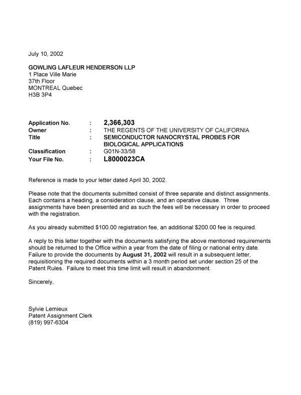 Document de brevet canadien 2366303. Correspondance 20020710. Image 1 de 1