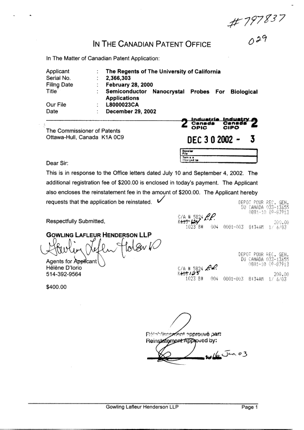 Document de brevet canadien 2366303. Correspondance 20021230. Image 1 de 1