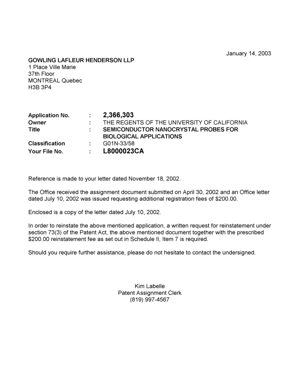 Document de brevet canadien 2366303. Correspondance 20030114. Image 1 de 1