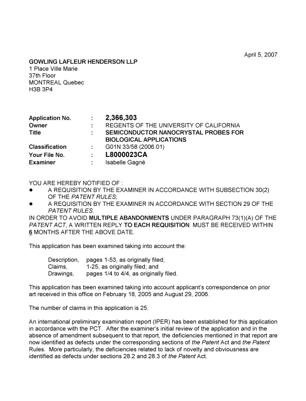 Canadian Patent Document 2366303. Prosecution-Amendment 20070405. Image 1 of 2