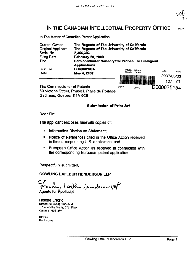 Canadian Patent Document 2366303. Prosecution-Amendment 20070503. Image 1 of 1
