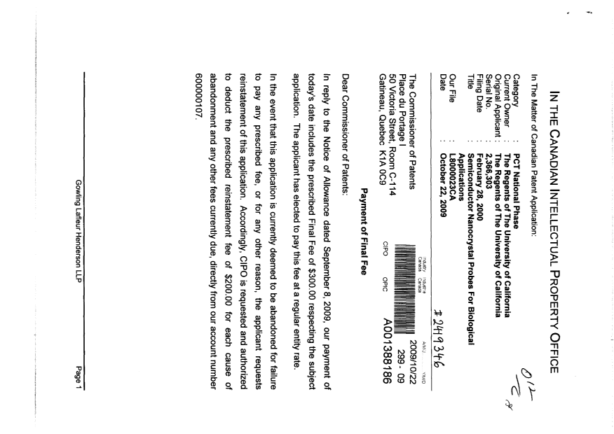 Canadian Patent Document 2366303. Correspondence 20091022. Image 1 of 2