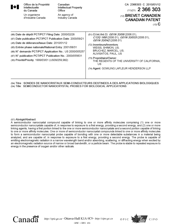 Document de brevet canadien 2366303. Page couverture 20091215. Image 1 de 1
