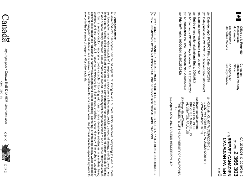 Canadian Patent Document 2366303. Cover Page 20091215. Image 1 of 1