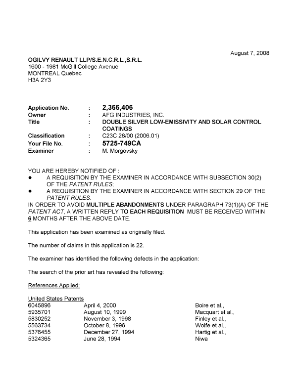 Canadian Patent Document 2366406. Prosecution-Amendment 20080807. Image 1 of 5