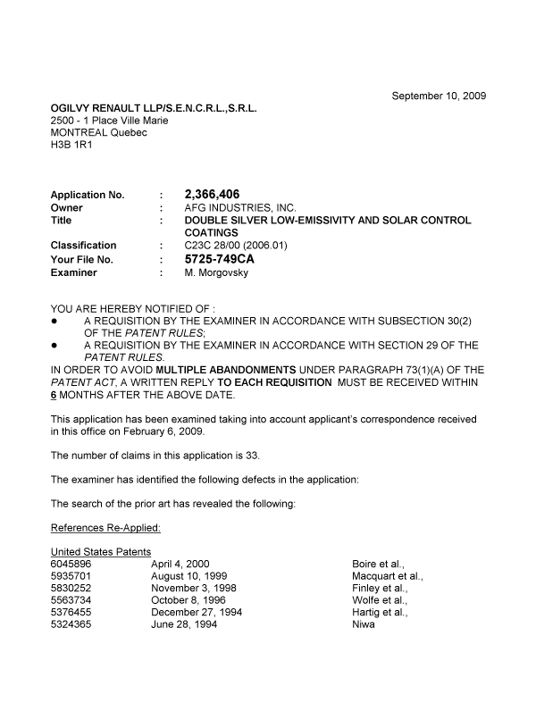 Canadian Patent Document 2366406. Prosecution-Amendment 20090910. Image 1 of 4