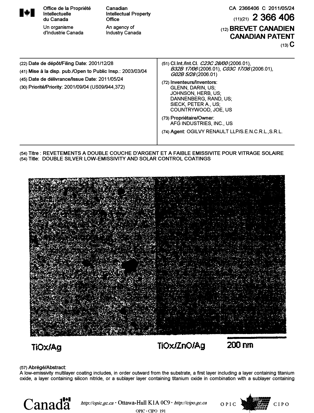 Document de brevet canadien 2366406. Page couverture 20110420. Image 1 de 2