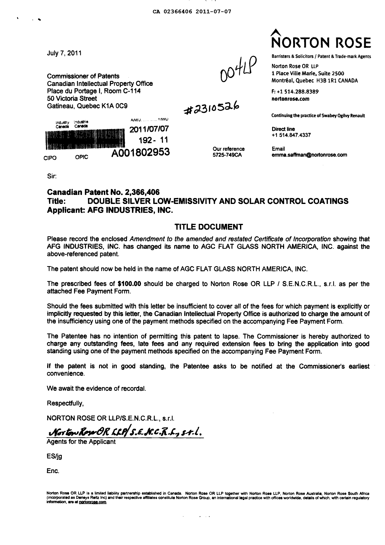 Document de brevet canadien 2366406. Cession 20110707. Image 1 de 3