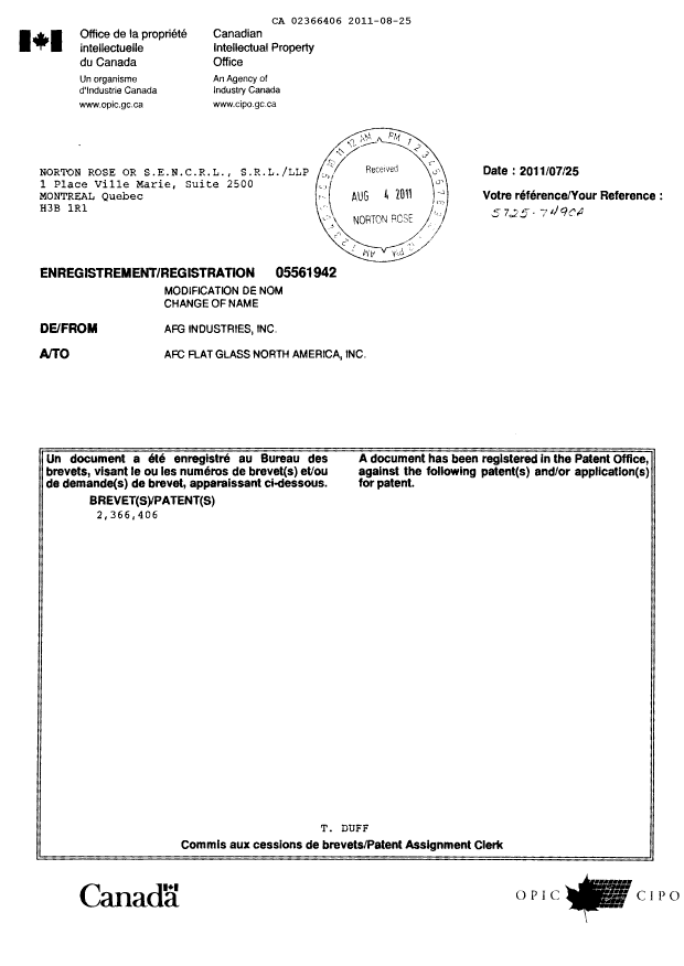 Document de brevet canadien 2366406. Cession 20110825. Image 2 de 2