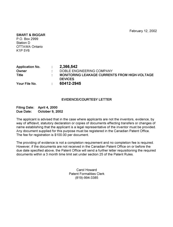 Document de brevet canadien 2366542. Correspondance 20020208. Image 1 de 1