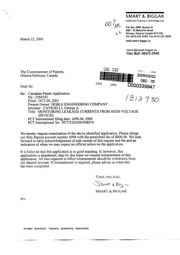 Canadian Patent Document 2366542. Prosecution-Amendment 20050322. Image 1 of 1
