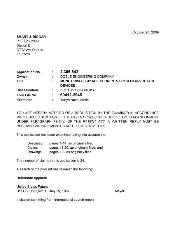Canadian Patent Document 2366542. Prosecution-Amendment 20091020. Image 1 of 5