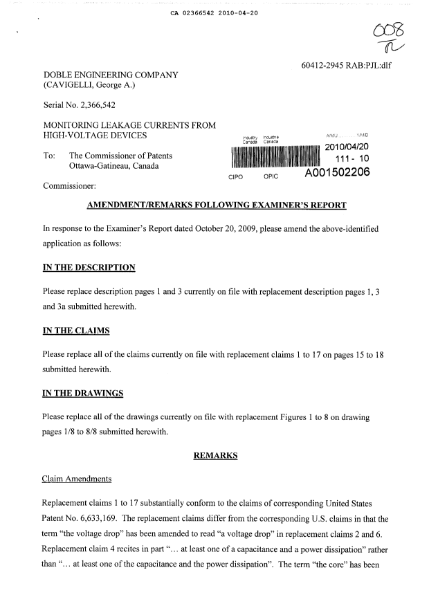 Canadian Patent Document 2366542. Prosecution-Amendment 20100420. Image 1 of 18