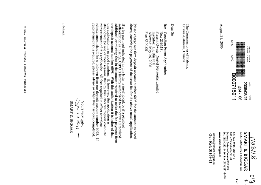Document de brevet canadien 2366581. Correspondance 20060821. Image 1 de 1
