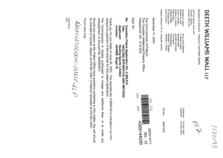 Canadian Patent Document 2366815. Correspondence 20031217. Image 1 of 1