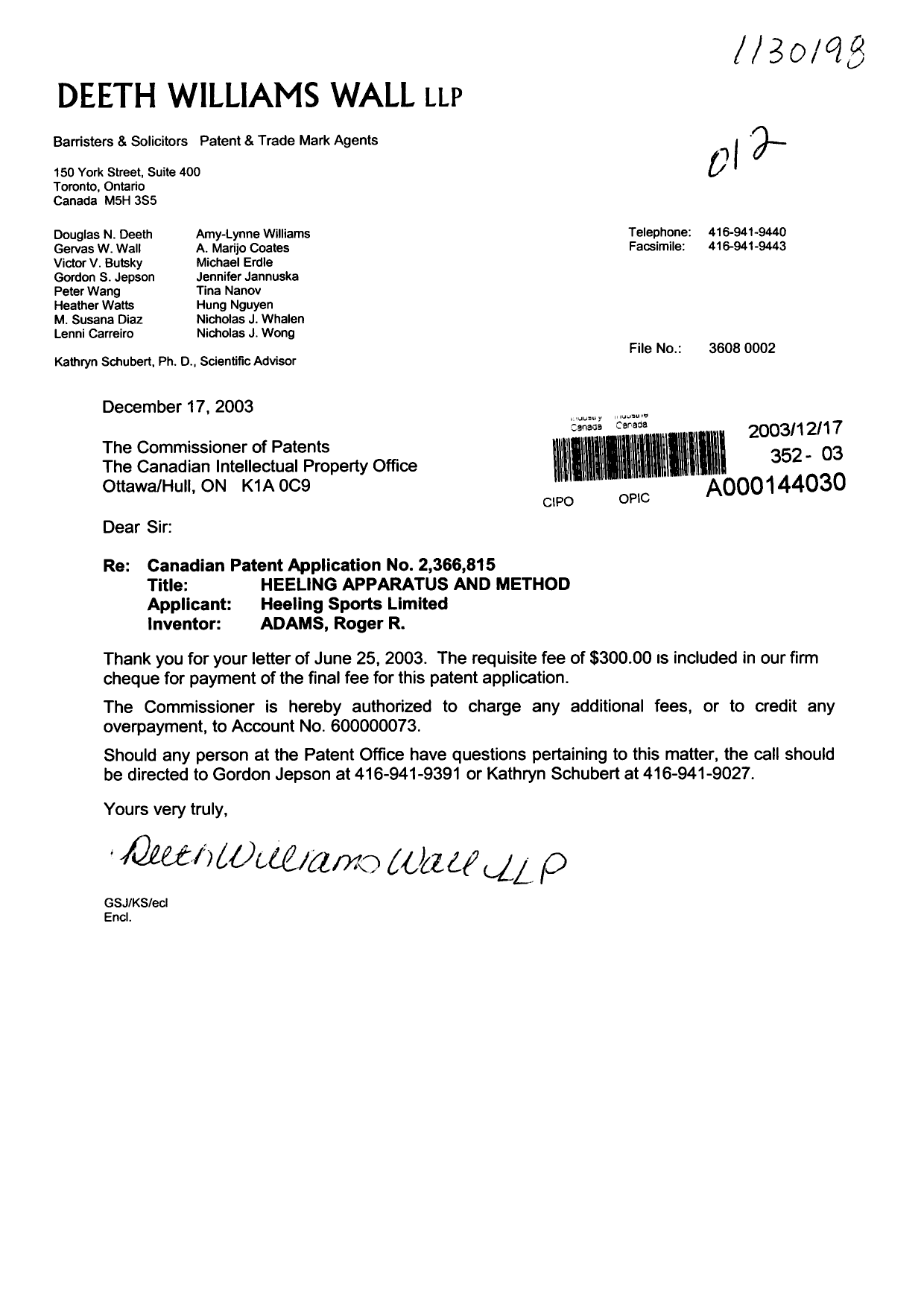 Document de brevet canadien 2366815. Correspondance 20031217. Image 1 de 1