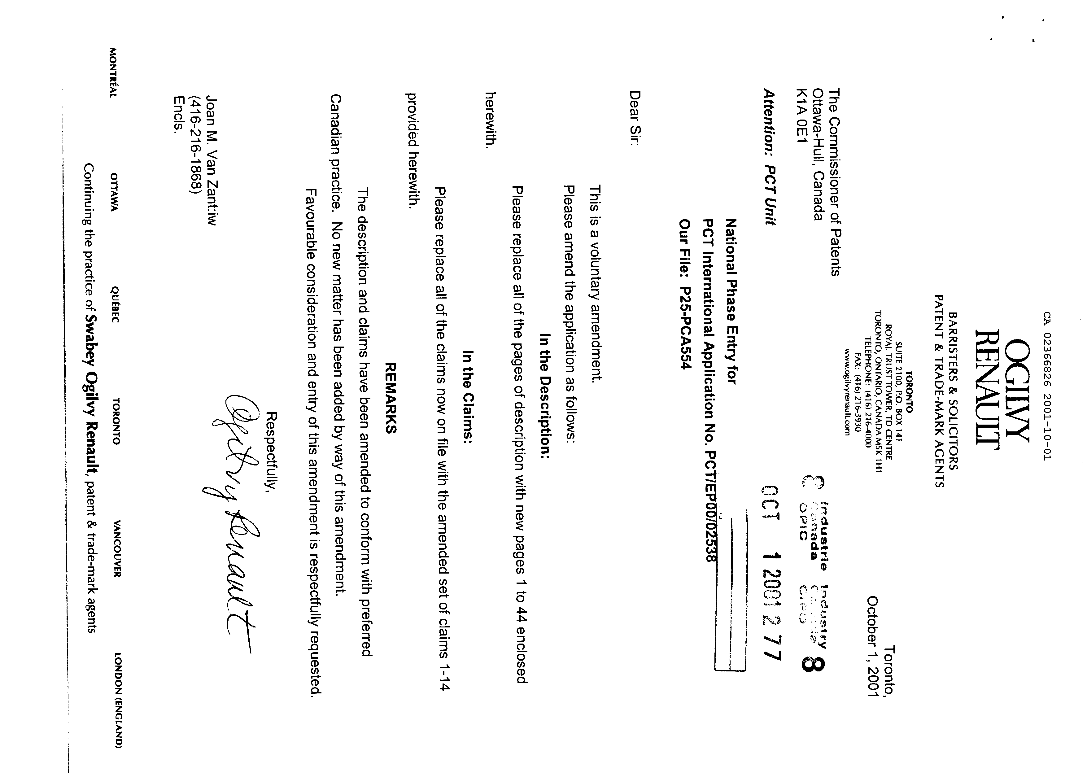 Document de brevet canadien 2366826. Poursuite-Amendment 20001201. Image 1 de 47