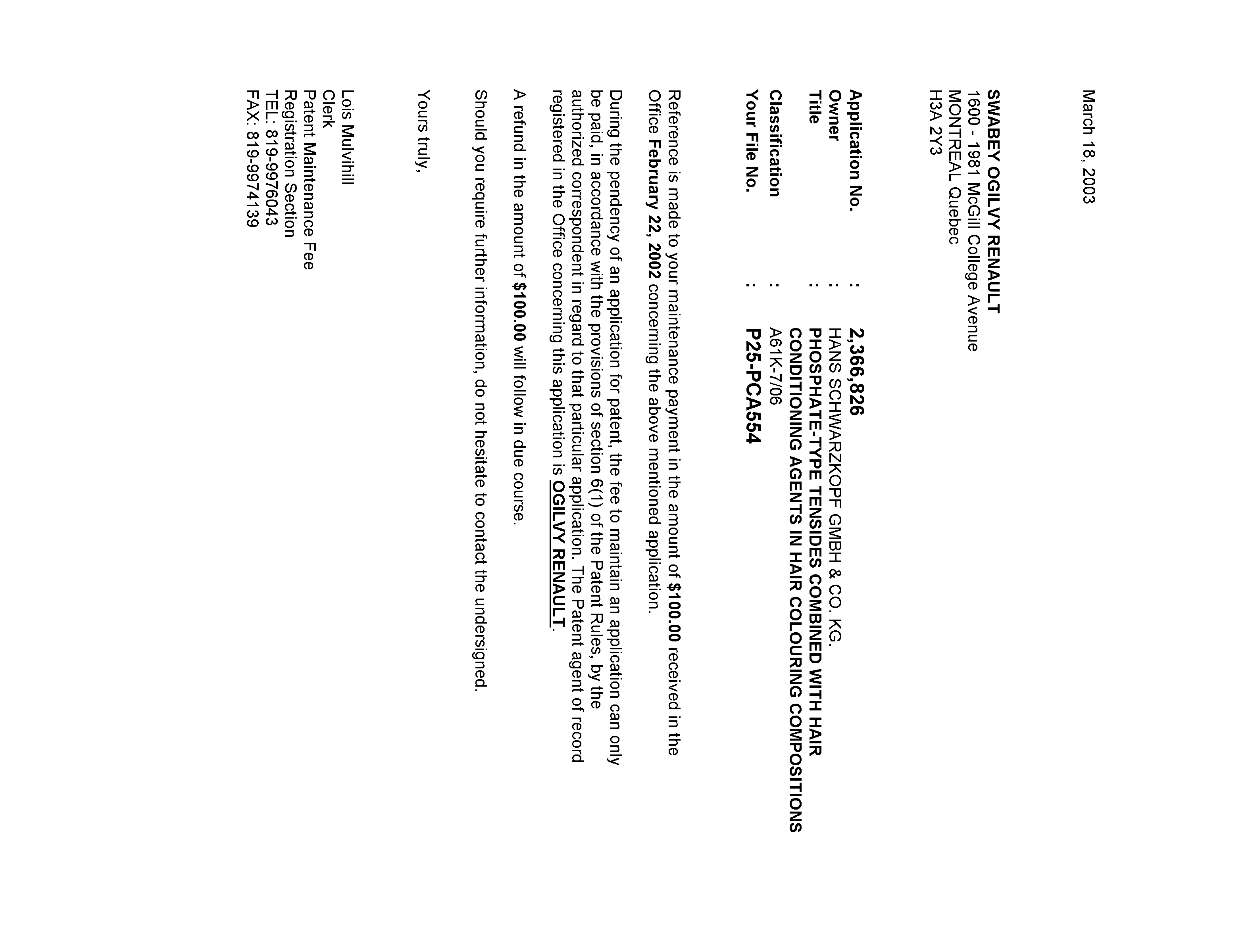 Canadian Patent Document 2366826. Correspondence 20021218. Image 1 of 1