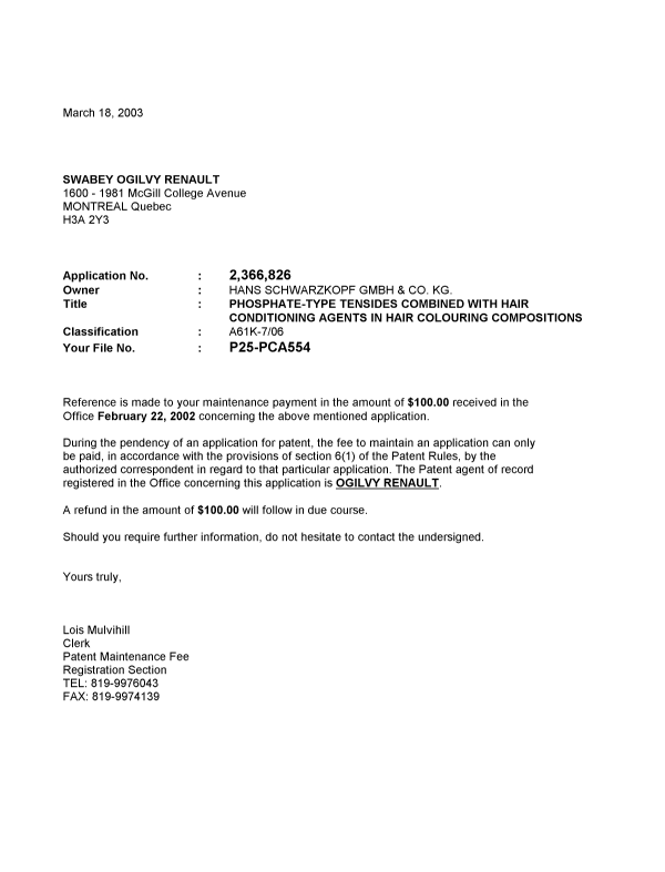 Document de brevet canadien 2366826. Correspondance 20021218. Image 1 de 1