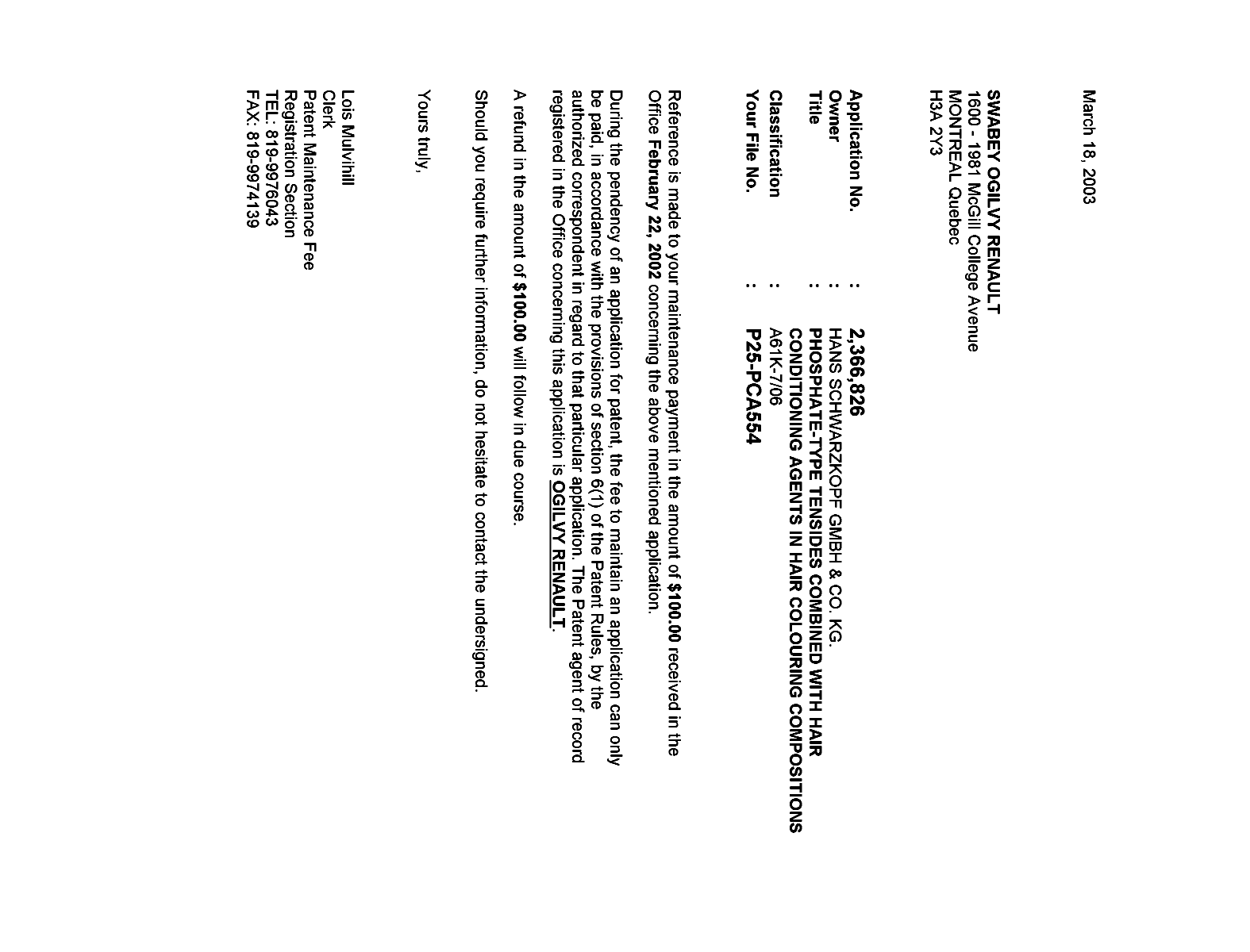 Document de brevet canadien 2366826. Correspondance 20021218. Image 1 de 1