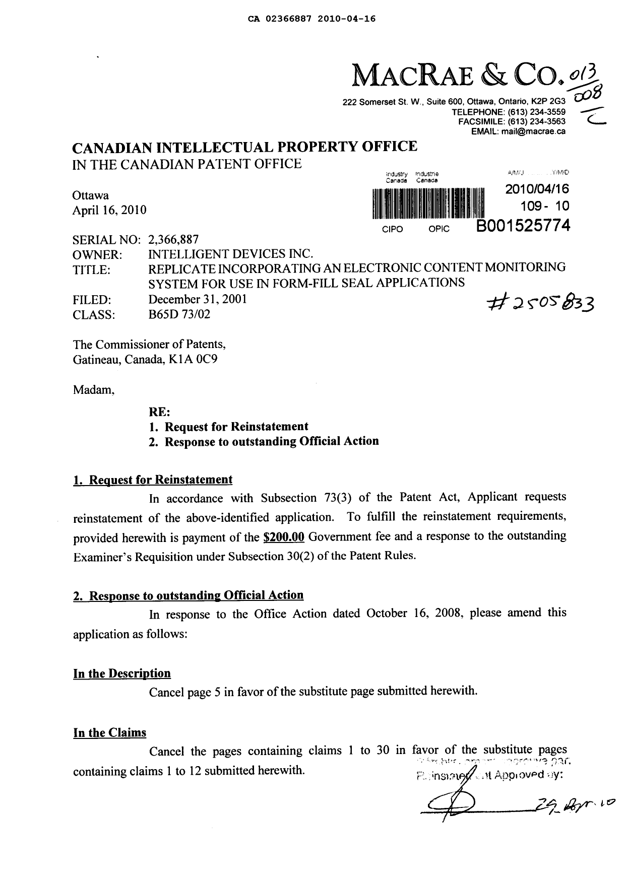 Canadian Patent Document 2366887. Prosecution-Amendment 20091216. Image 1 of 7