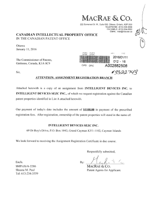 Document de brevet canadien 2366887. Cession 20151211. Image 1 de 7