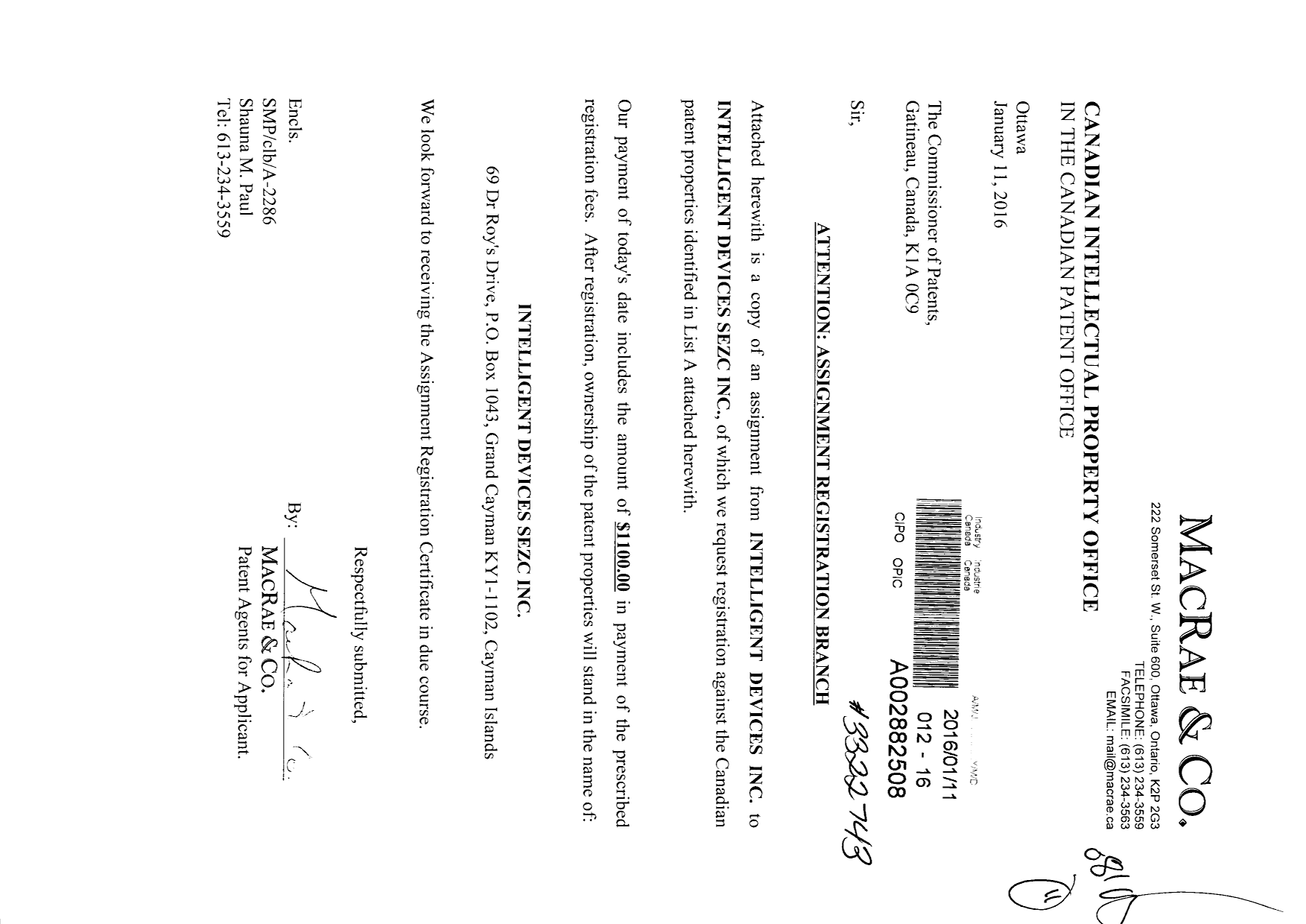 Document de brevet canadien 2366887. Cession 20151211. Image 1 de 7
