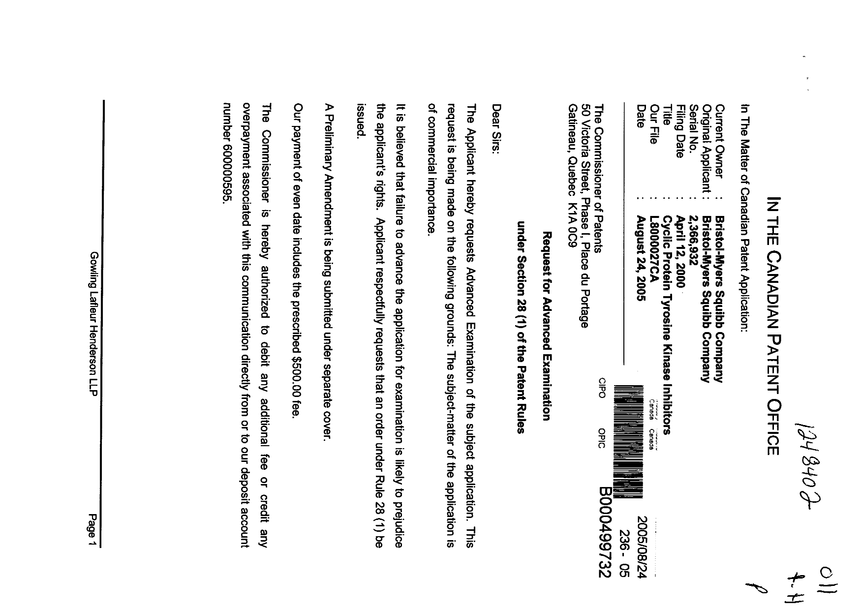 Canadian Patent Document 2366932. Prosecution-Amendment 20041224. Image 1 of 2