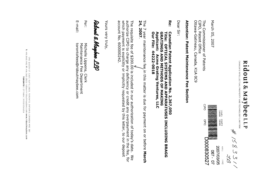 Document de brevet canadien 2367050. Taxes 20070305. Image 1 de 1