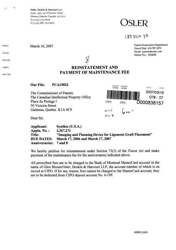 Document de brevet canadien 2367271. Taxes 20070316. Image 1 de 2