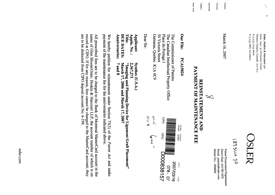 Canadian Patent Document 2367271. Fees 20070316. Image 1 of 2