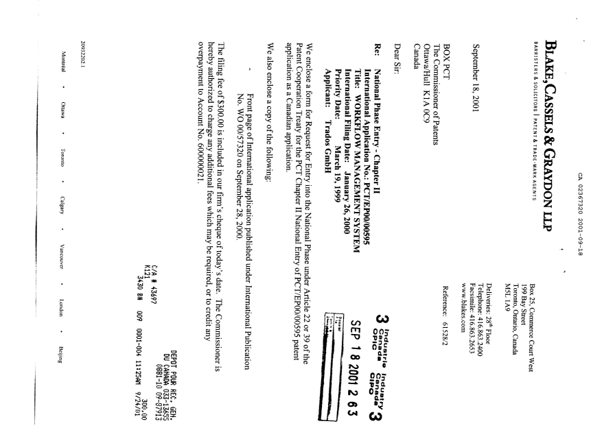 Document de brevet canadien 2367320. Cession 20010918. Image 1 de 4