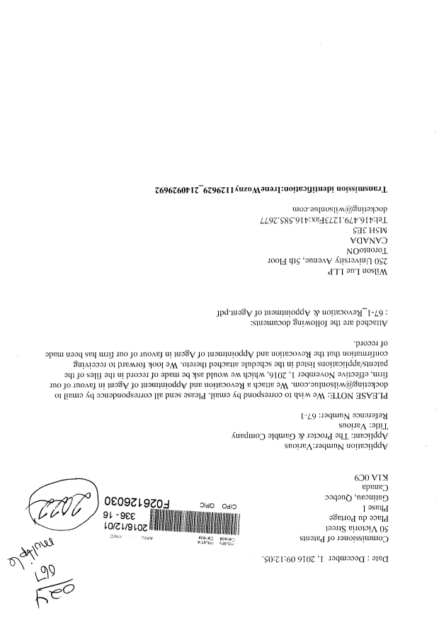 Document de brevet canadien 2367415. Correspondance 20151201. Image 1 de 3