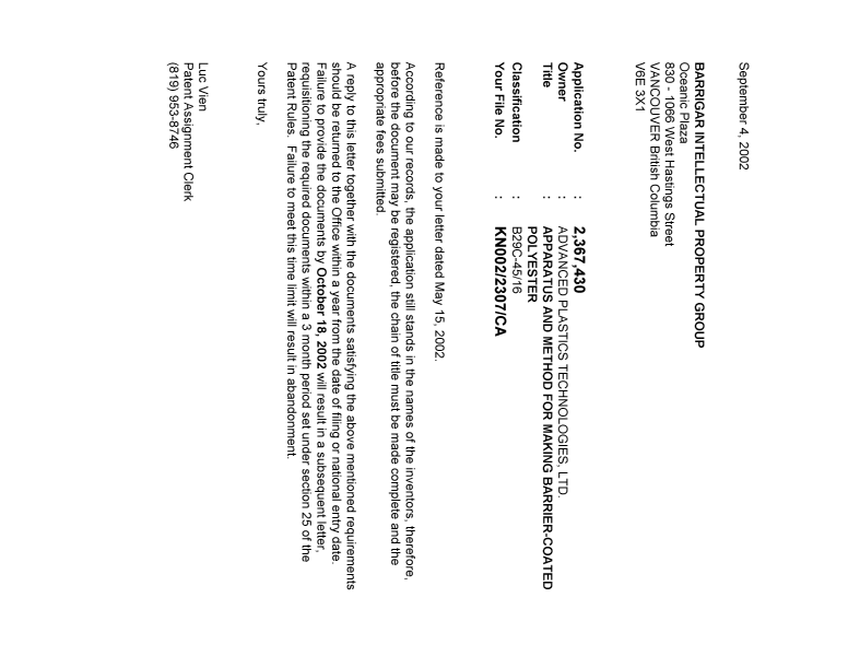 Document de brevet canadien 2367430. Correspondance 20020904. Image 1 de 1