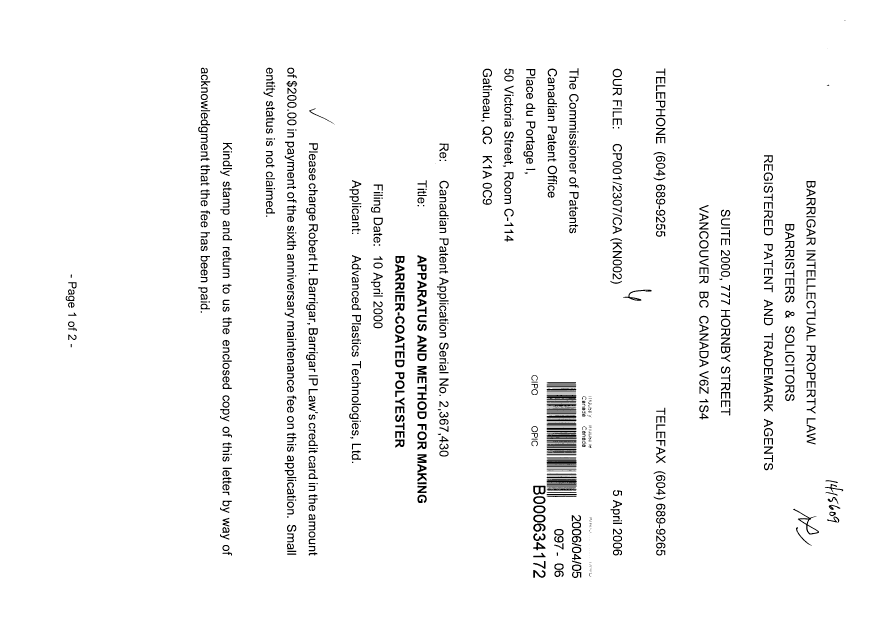 Document de brevet canadien 2367430. Taxes 20060405. Image 1 de 2