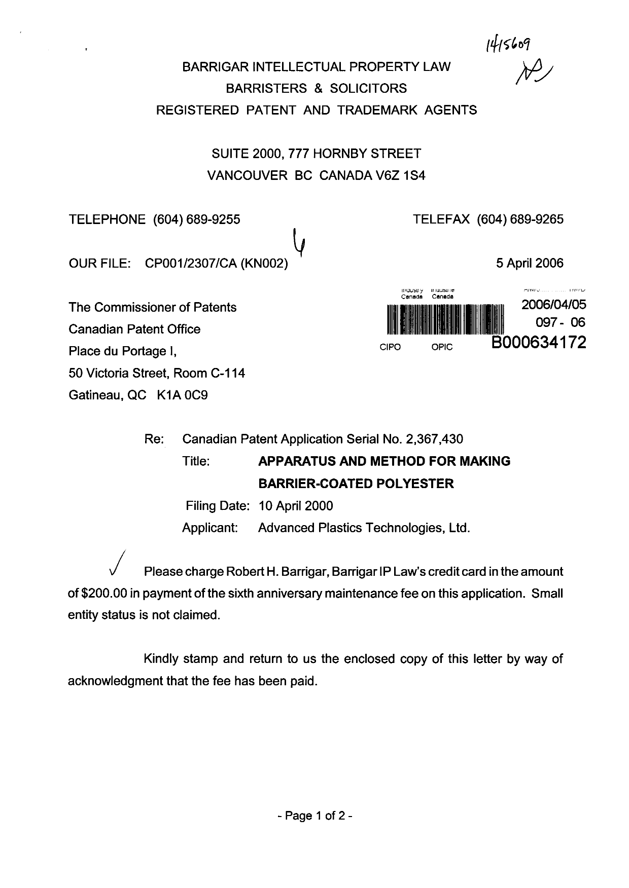 Document de brevet canadien 2367430. Taxes 20060405. Image 1 de 2