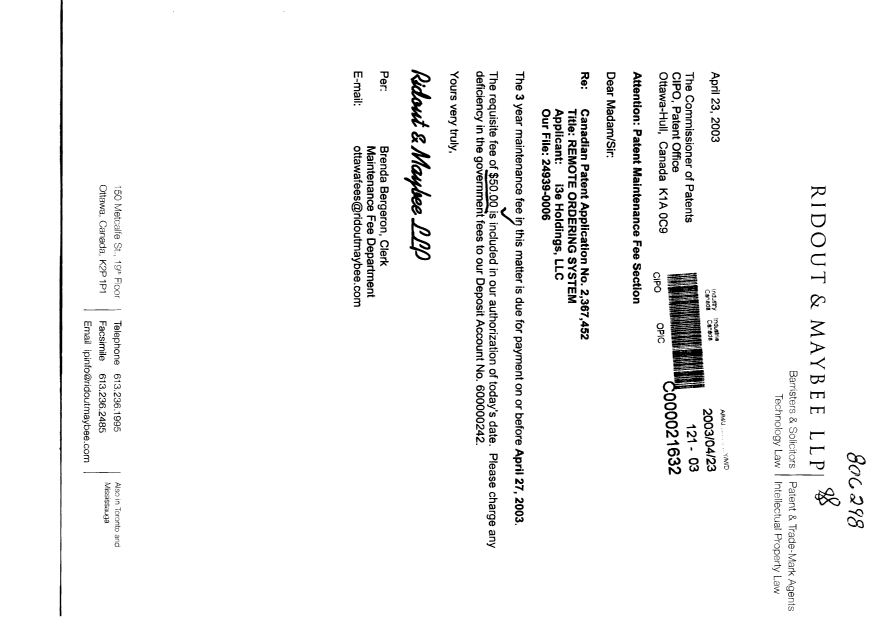 Document de brevet canadien 2367452. Taxes 20030423. Image 1 de 1