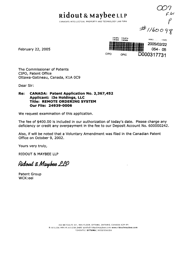 Canadian Patent Document 2367452. Prosecution-Amendment 20050222. Image 1 of 1