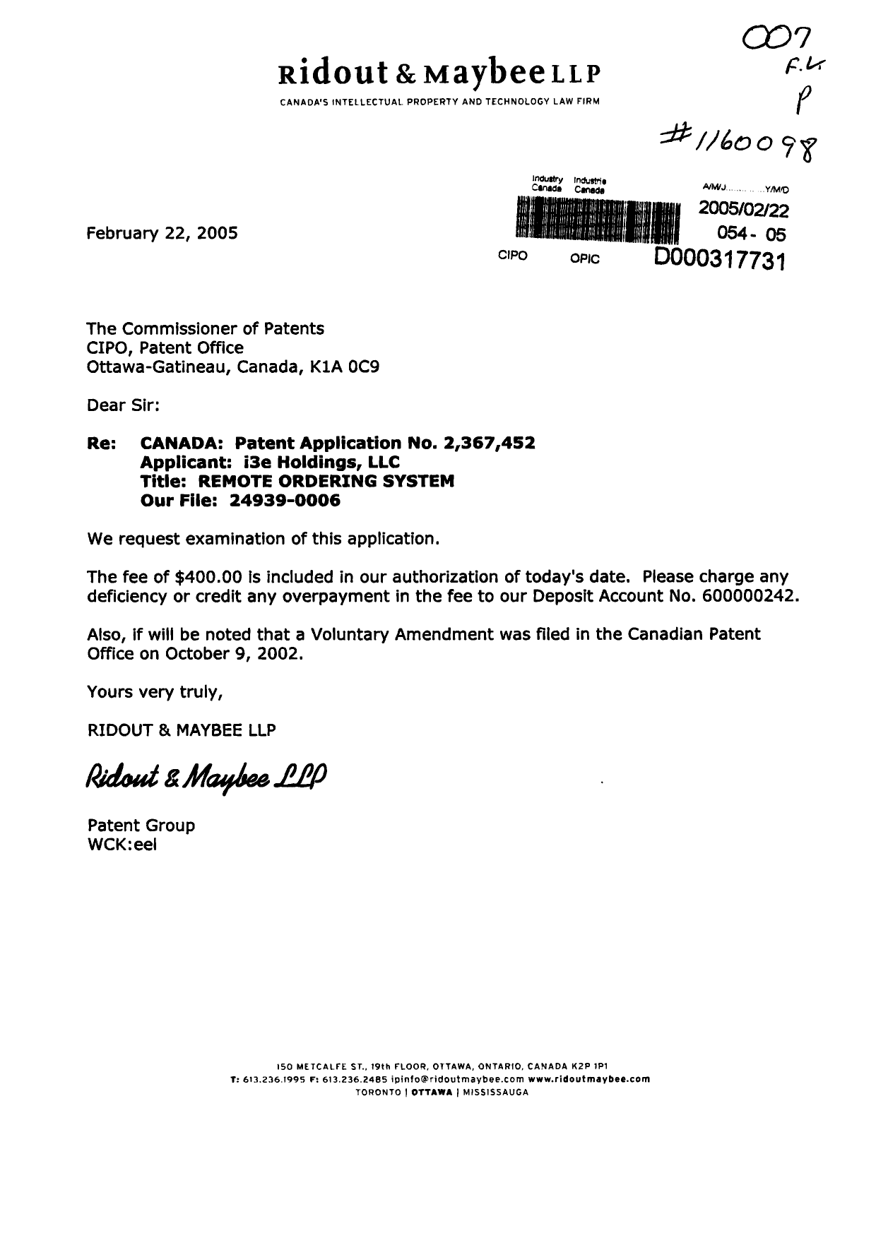 Document de brevet canadien 2367452. Poursuite-Amendment 20050222. Image 1 de 1