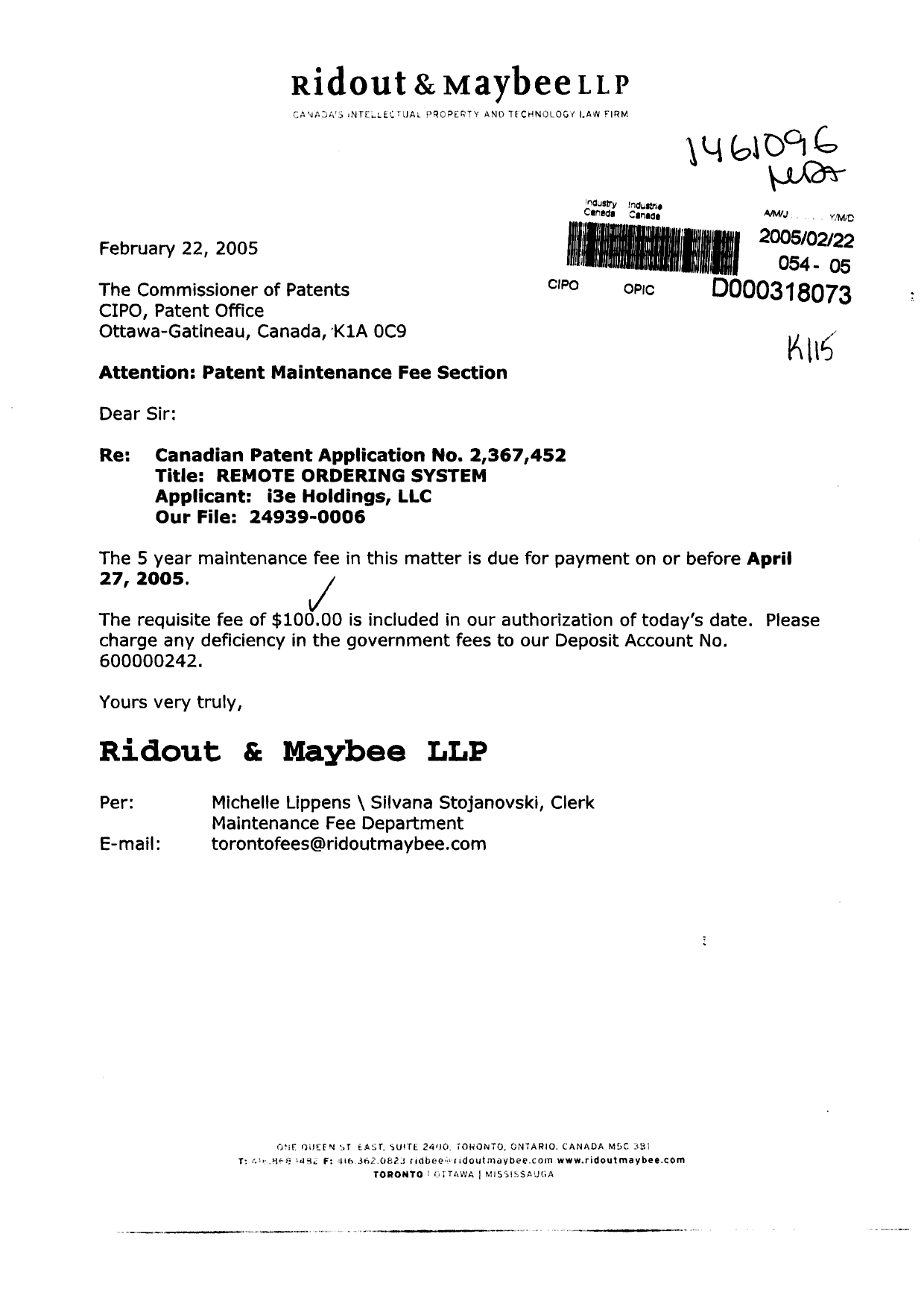 Document de brevet canadien 2367452. Taxes 20050222. Image 1 de 1